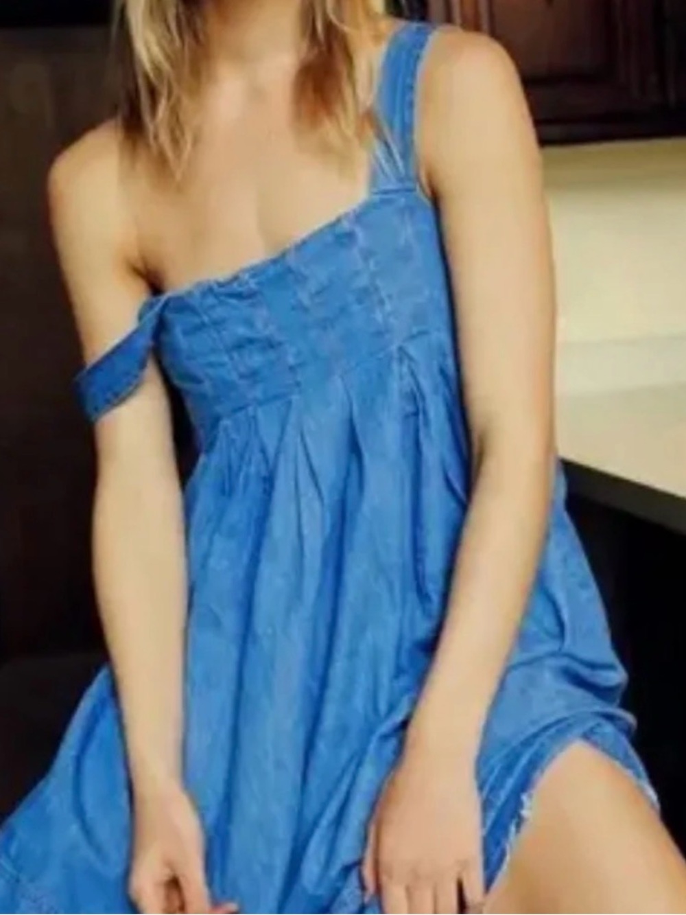 Free People Pretty In Pleats Indigo Blue Denim Raw Hem Maxi Dress - Indigo